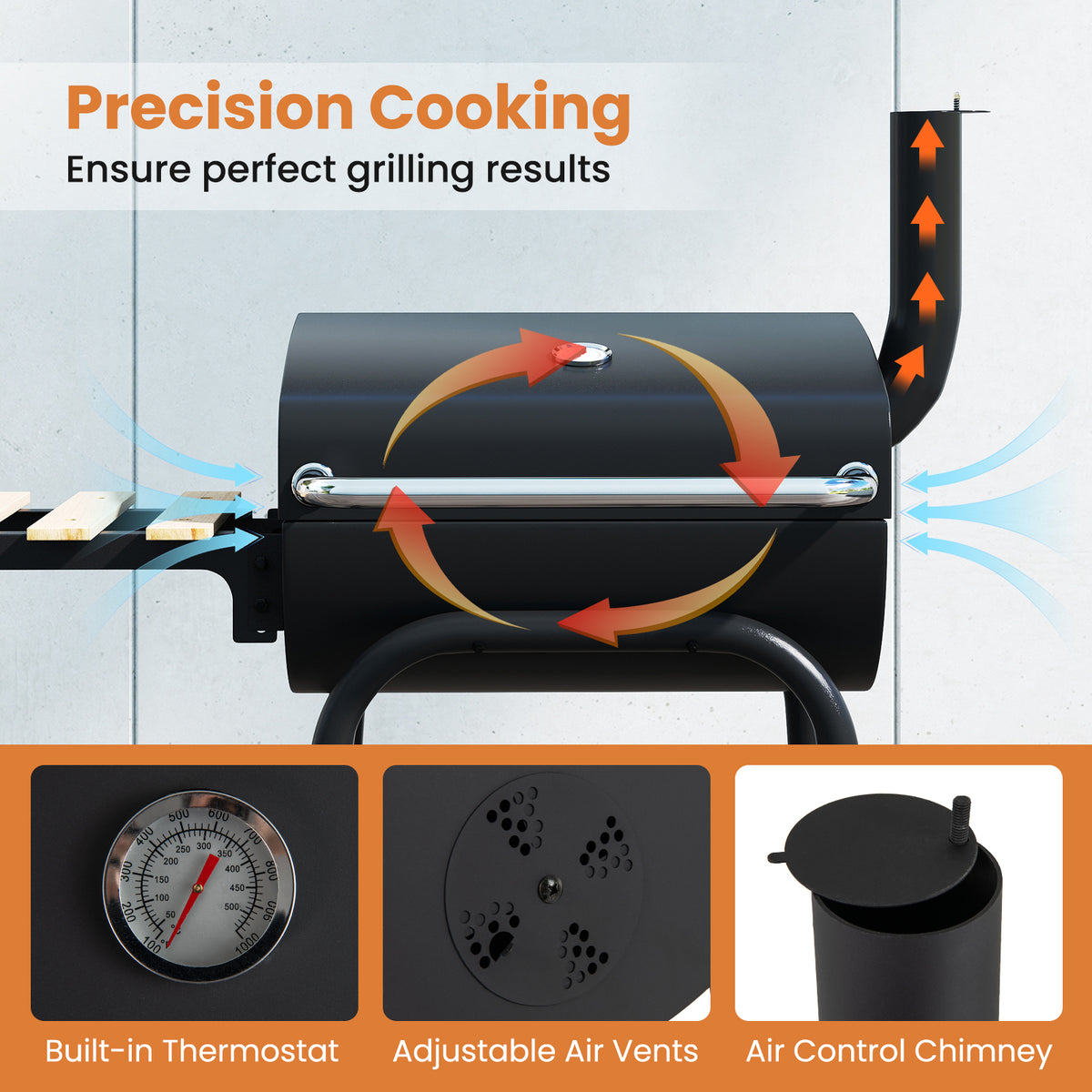 Barrel Charcoal Grill with Foldable Side Table and Thermostat