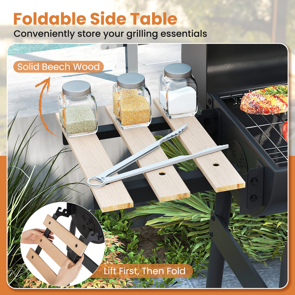 Barrel Charcoal Grill with Foldable Side Table and Thermostat