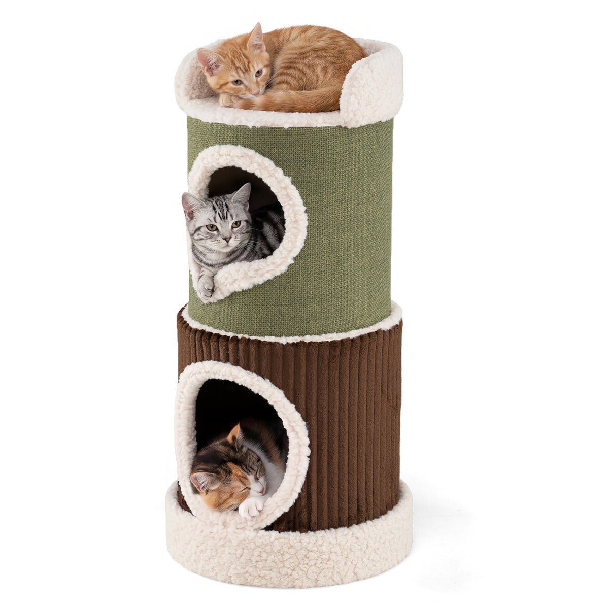 Cat House with Top Perch & Double Condos - Green Barrel Cat Shelter