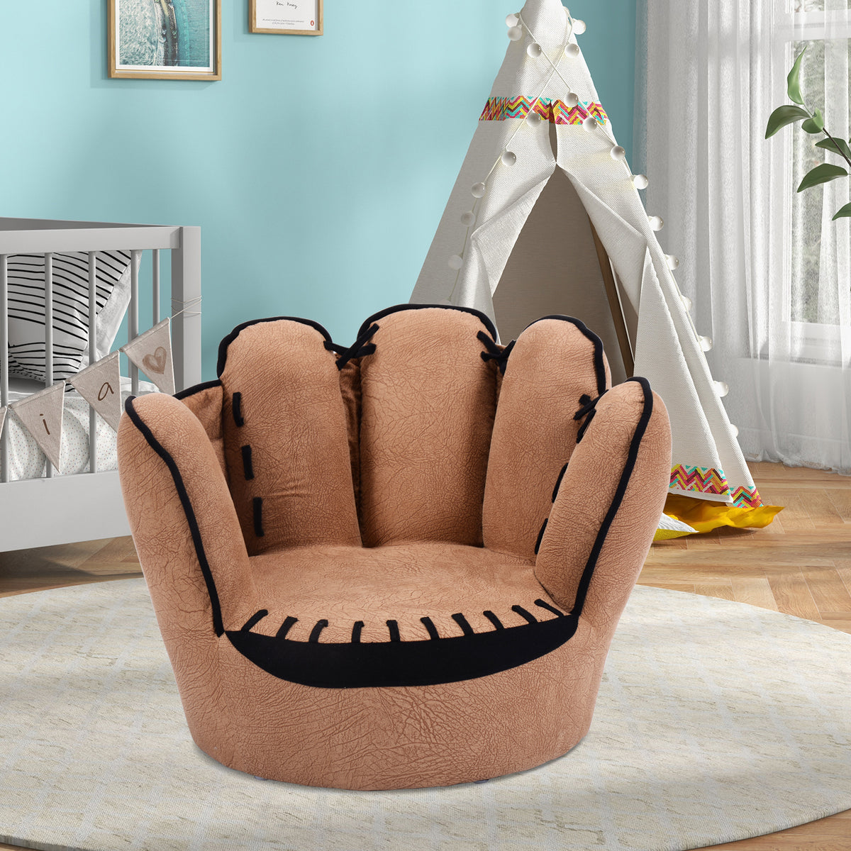 Kids Baseball Glove-Shaped Upholstered Sofa - 23x19 Inches, Soft Faux Suede