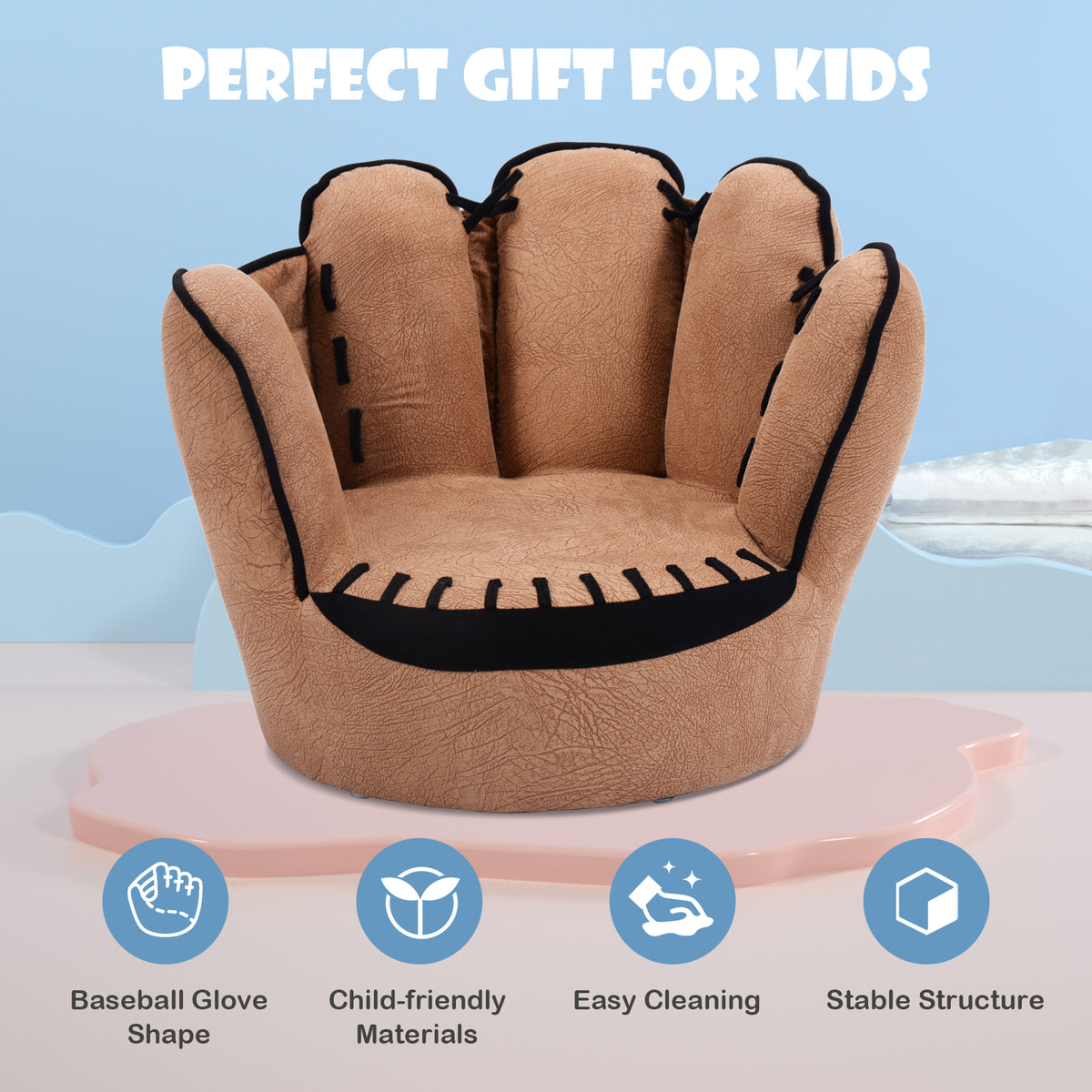 Kids Baseball Glove-Shaped Upholstered Sofa - 23x19 Inches, Soft Faux Suede