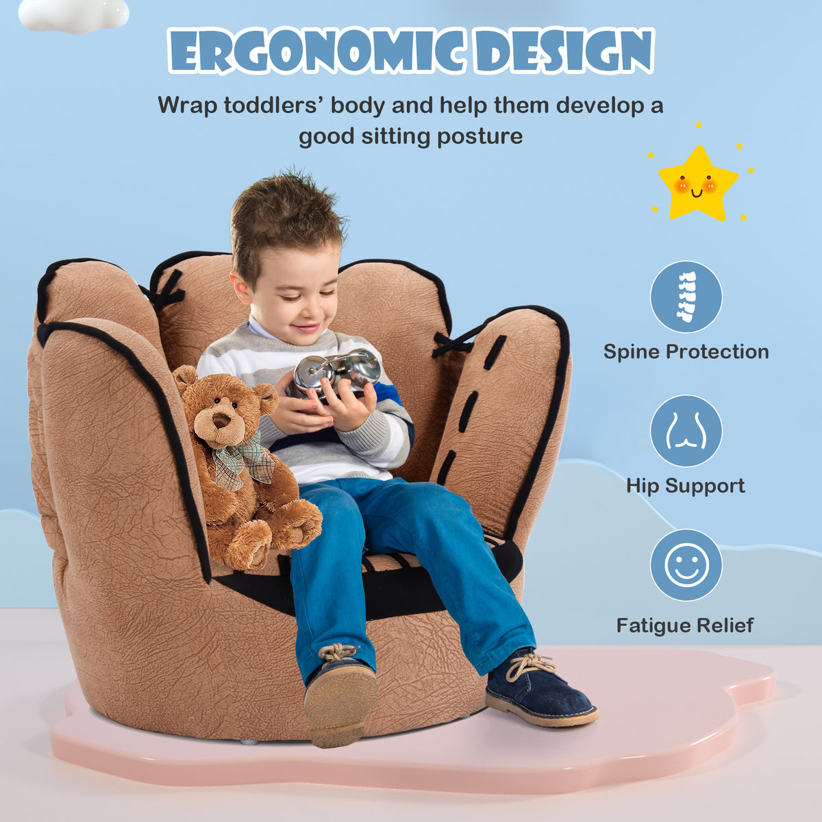 Kids Baseball Glove-Shaped Upholstered Sofa - 23x19 Inches, Soft Faux Suede