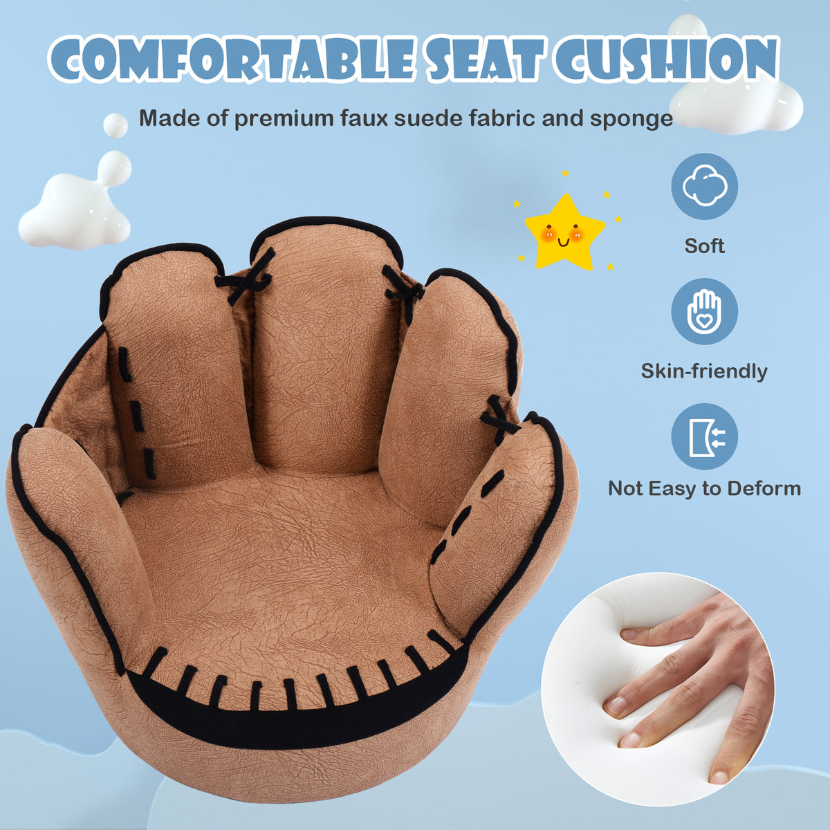 Kids Baseball Glove-Shaped Upholstered Sofa - 23x19 Inches, Soft Faux Suede