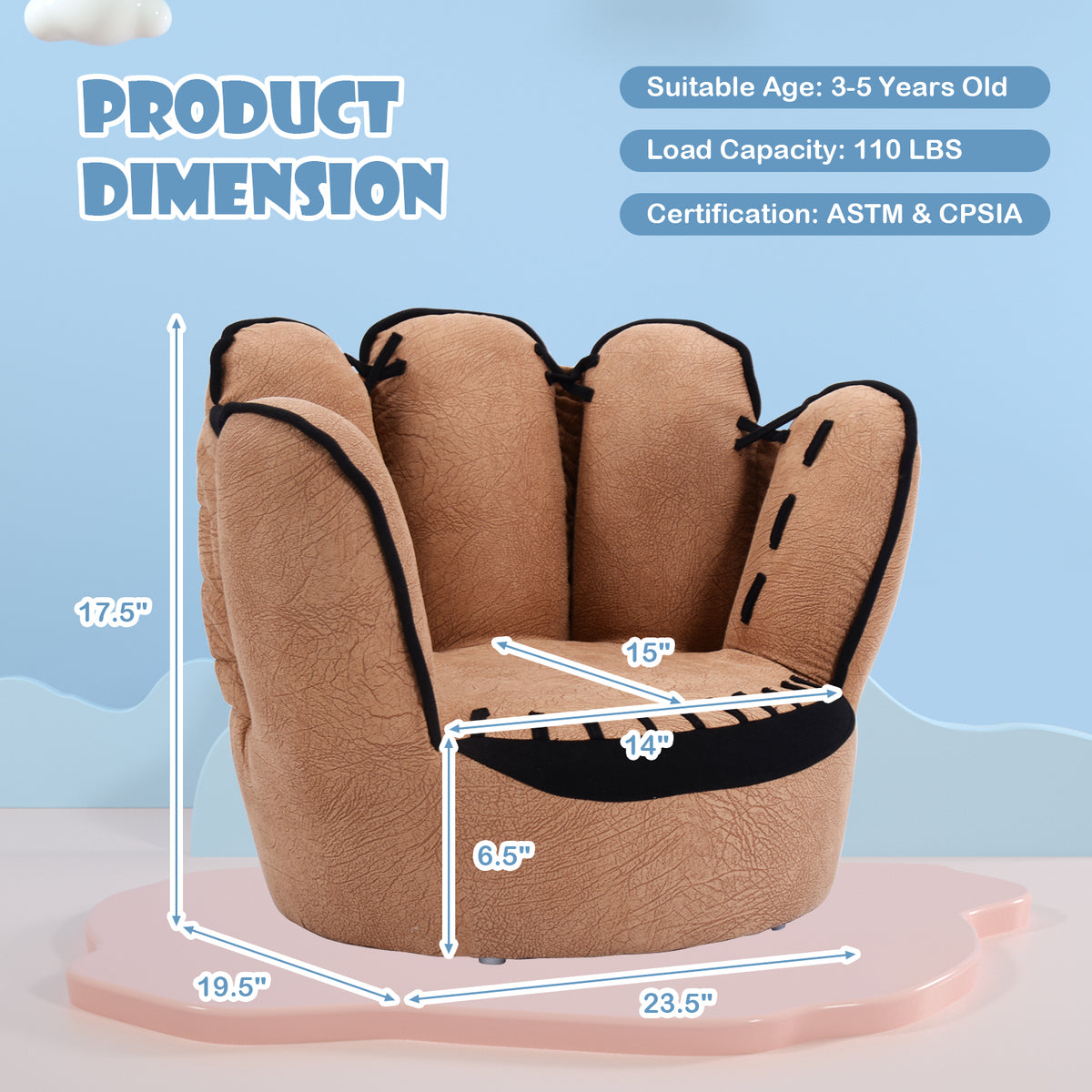Kids Baseball Glove-Shaped Upholstered Sofa - 23x19 Inches, Soft Faux Suede