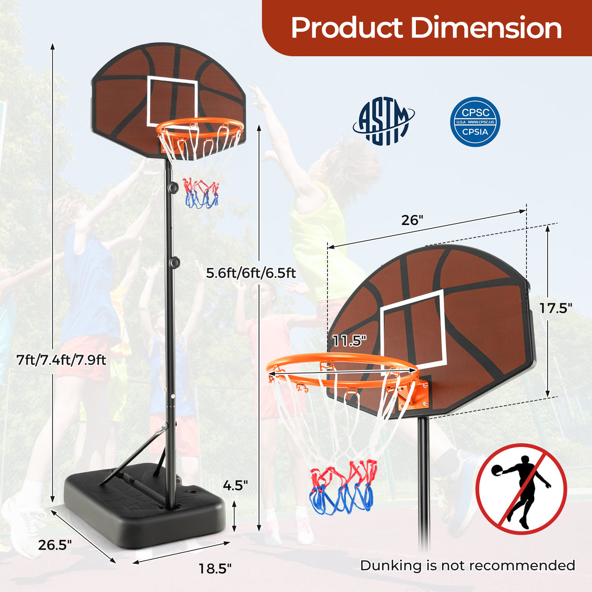 Adjustable Kids Basketball Hoop 5.6-6.5 ft with Shatterproof Backboard, Portable