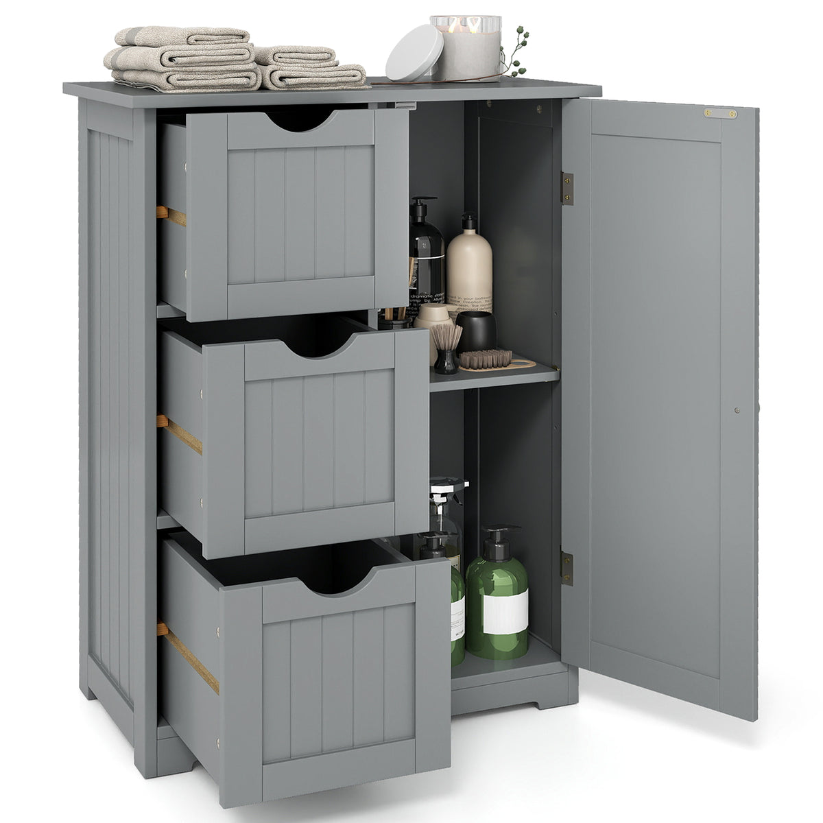 Bathroom Floor Cabinet Side Storage with 3 Drawers and 1 Cupboard