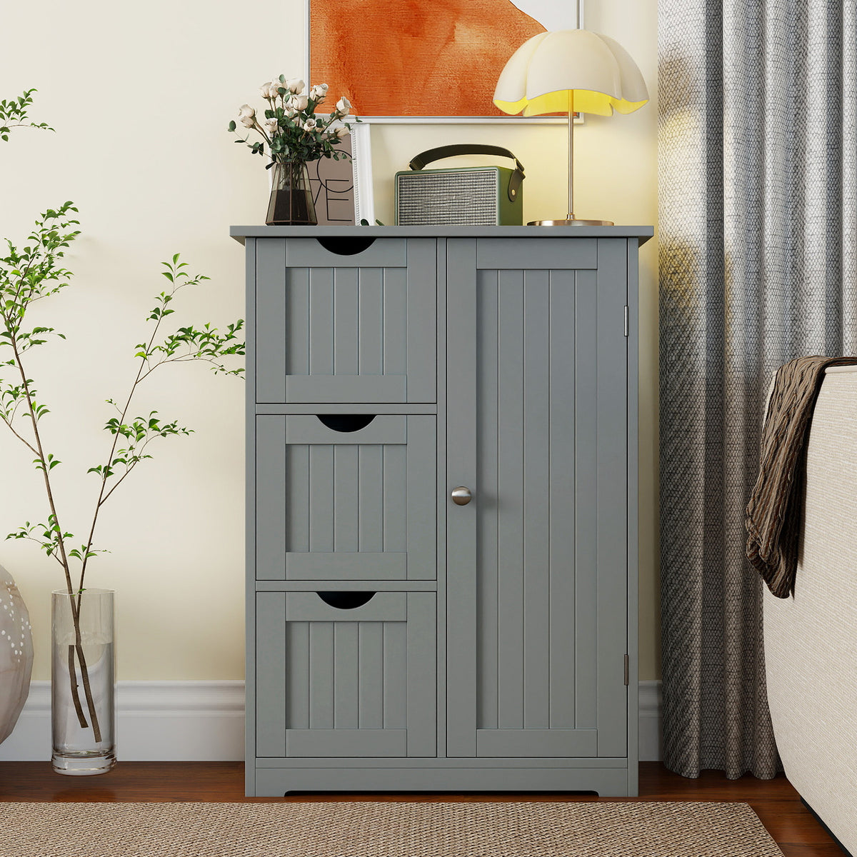 Bathroom Floor Cabinet Side Storage with 3 Drawers and 1 Cupboard
