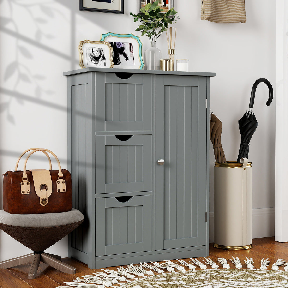 Bathroom Floor Cabinet Side Storage with 3 Drawers and 1 Cupboard