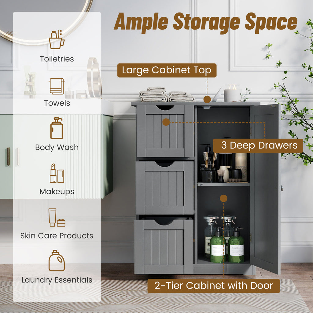 Bathroom Floor Cabinet Side Storage with 3 Drawers and 1 Cupboard
