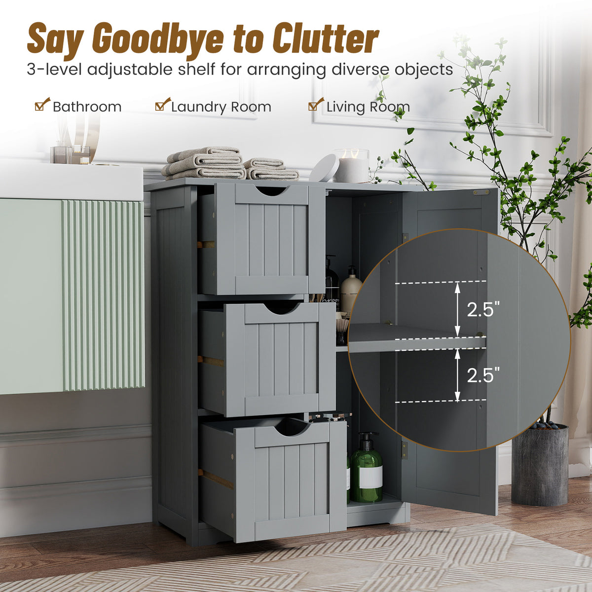 Bathroom Floor Cabinet Side Storage with 3 Drawers and 1 Cupboard