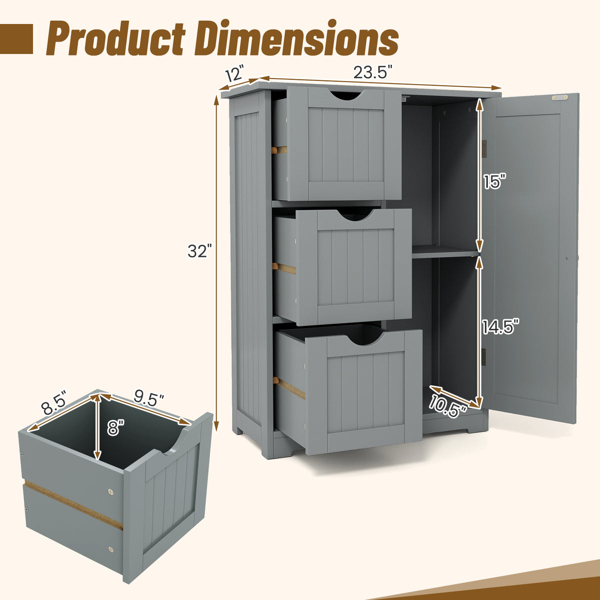 Bathroom Floor Cabinet Side Storage with 3 Drawers and 1 Cupboard