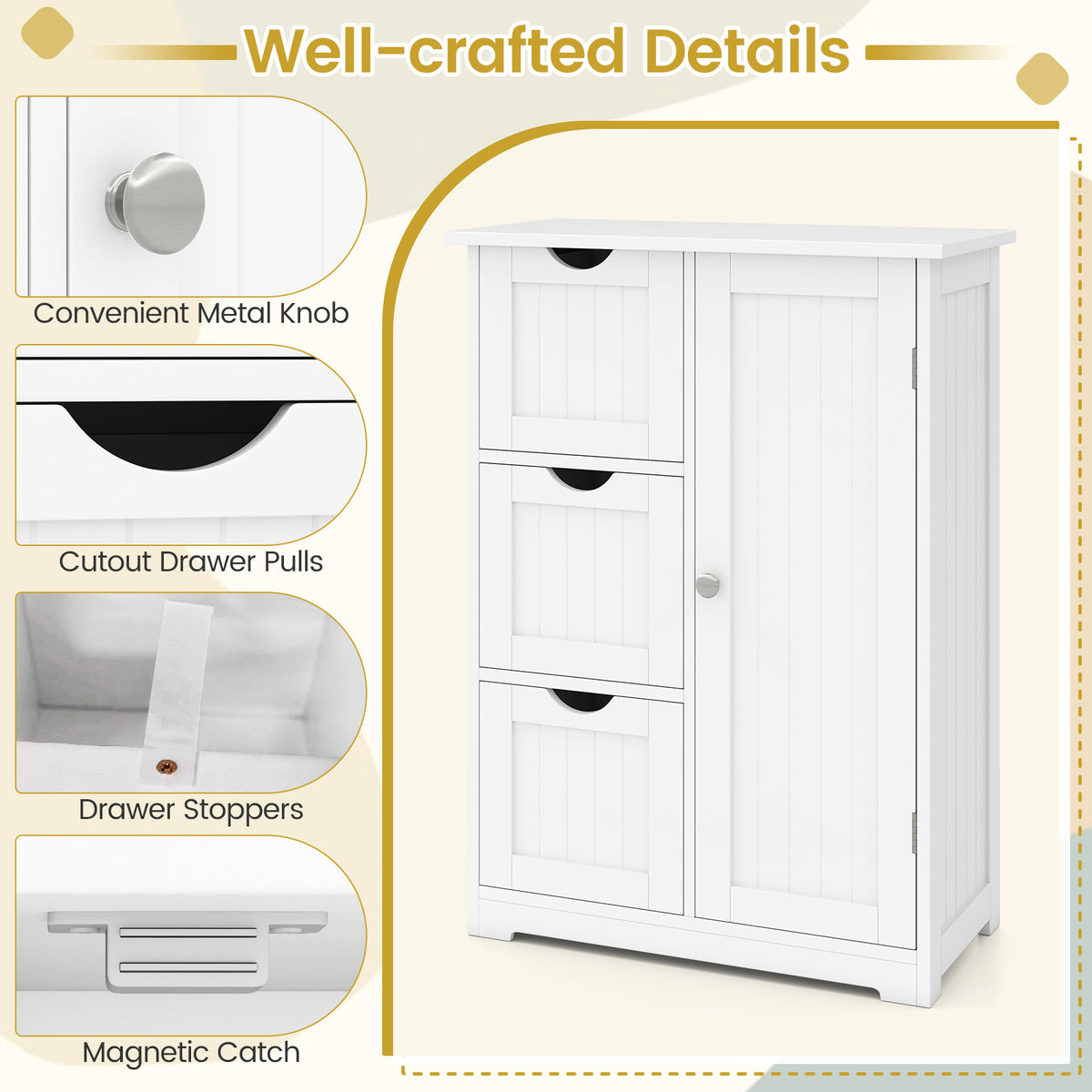 Bathroom Floor Cabinet with 3 Drawers and 1 Cupboard, White