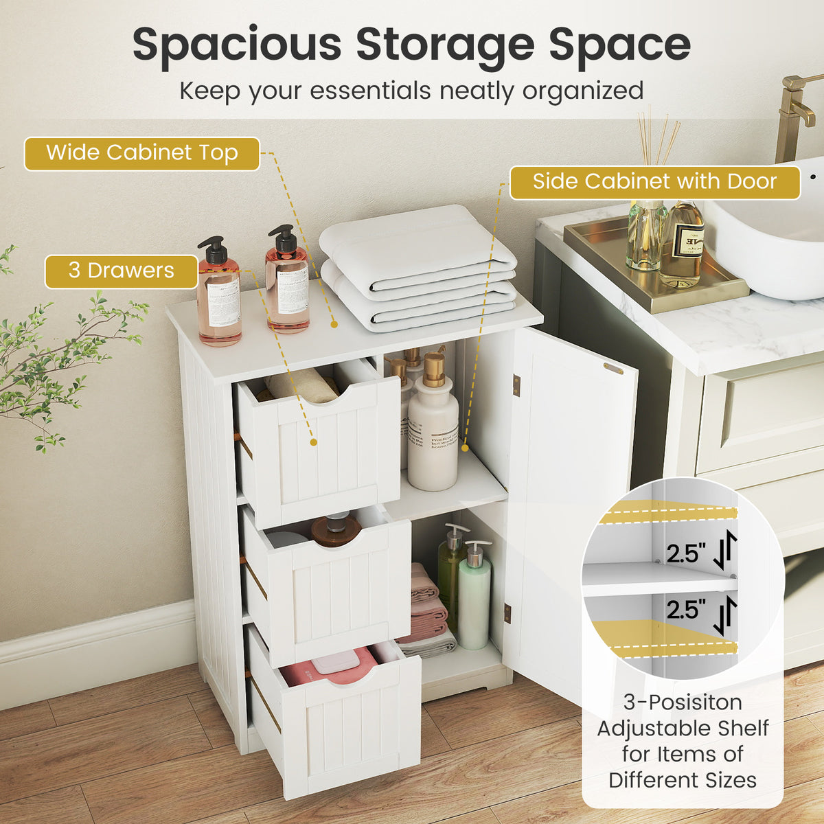 Bathroom Floor Cabinet with 3 Drawers and 1 Cupboard, White