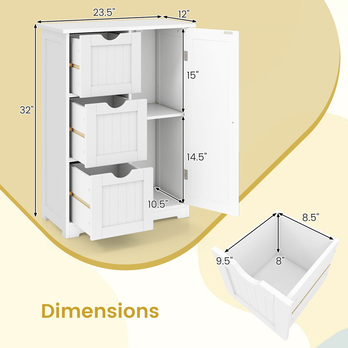 Bathroom Floor Cabinet with 3 Drawers and 1 Cupboard, White