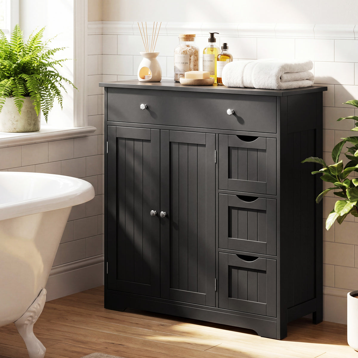 Bathroom Floor Cabinet with 4 Drawers, 2 Doors & Shelf - 32" H, Black