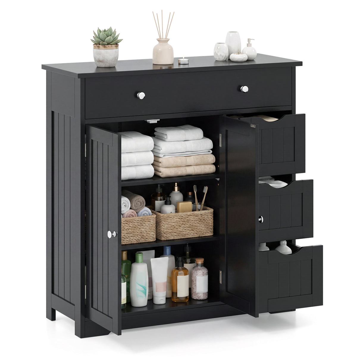 Bathroom Floor Cabinet with 4 Drawers, 2 Doors & Shelf - 32" H, Black