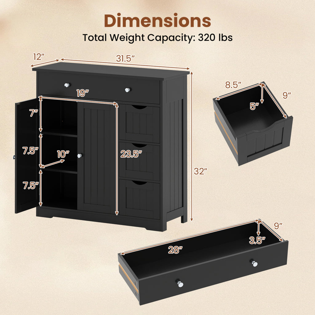Bathroom Floor Cabinet with 4 Drawers, 2 Doors & Shelf - 32" H, Black