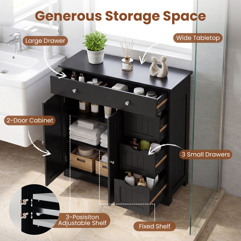 Bathroom Floor Cabinet with 4 Drawers, 2 Doors & Shelf - 32" H, Black