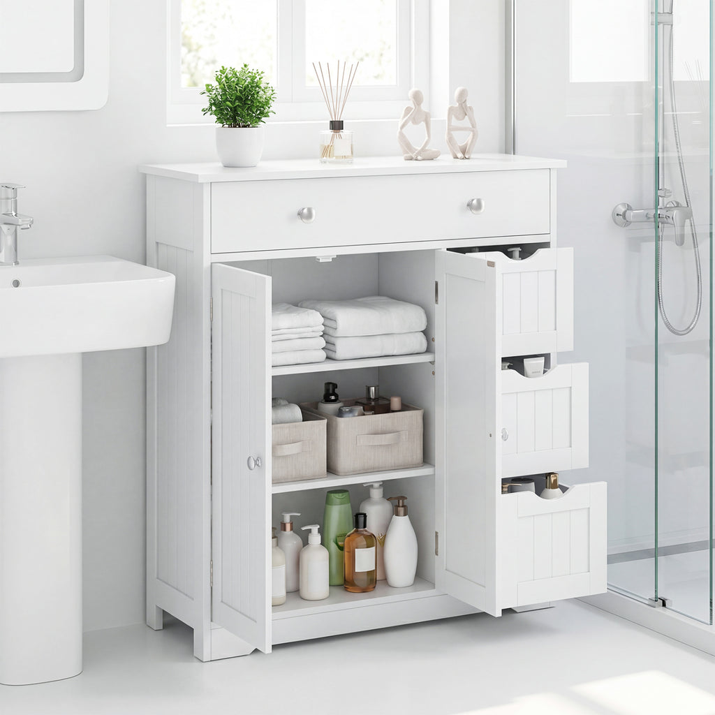 Bathroom Floor Cabinet with 4 Drawers, 2 Doors & Shelf - 32" H, Black