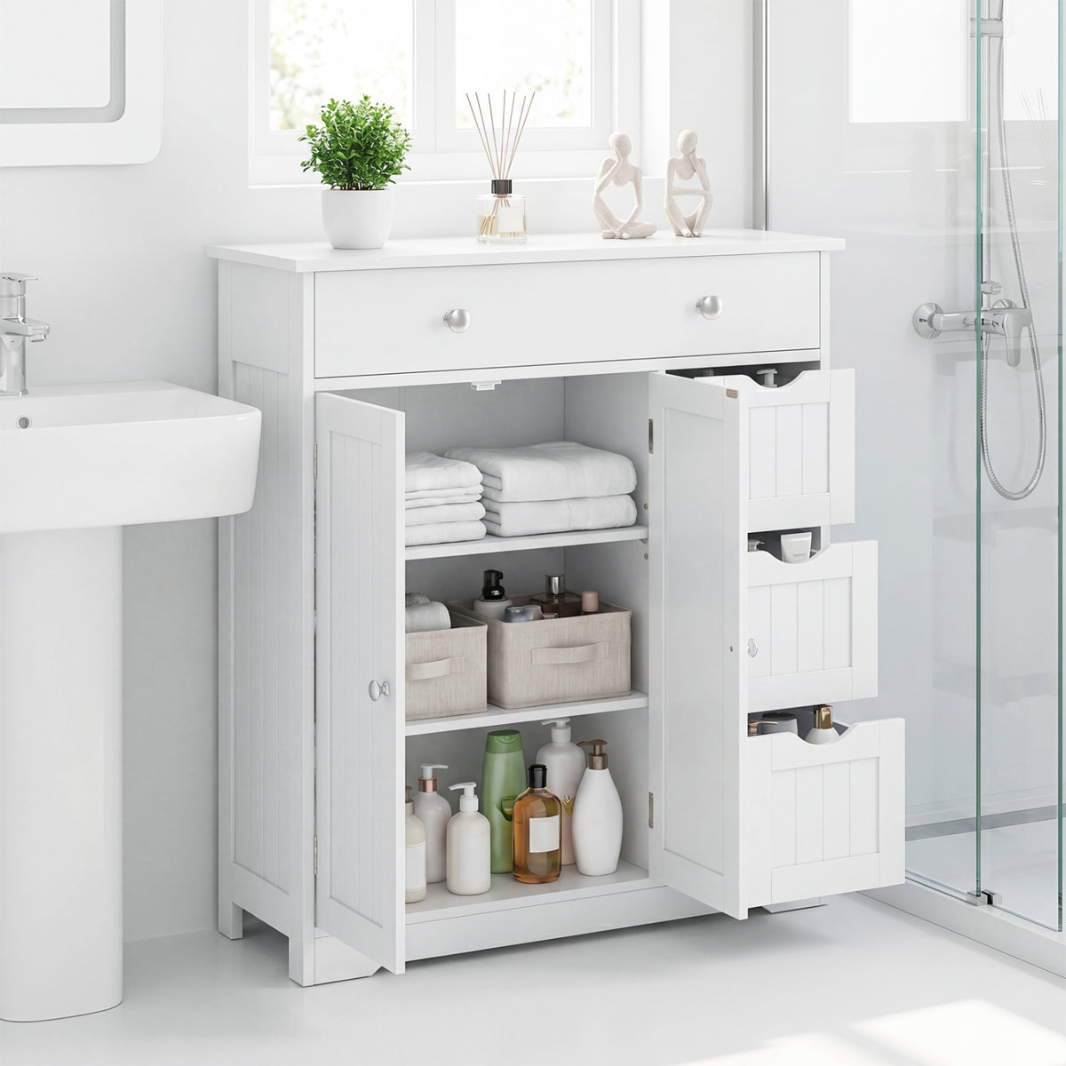 Bathroom Floor Cabinet with 4 Drawers, 2 Doors & Shelf - 32" H, Black