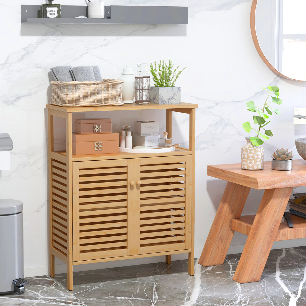 Bamboo Bathroom Floor Storage Cabinet with Shutter Doors - Natural