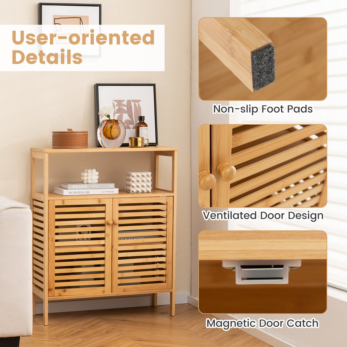 Bamboo Bathroom Floor Storage Cabinet with Shutter Doors - Natural