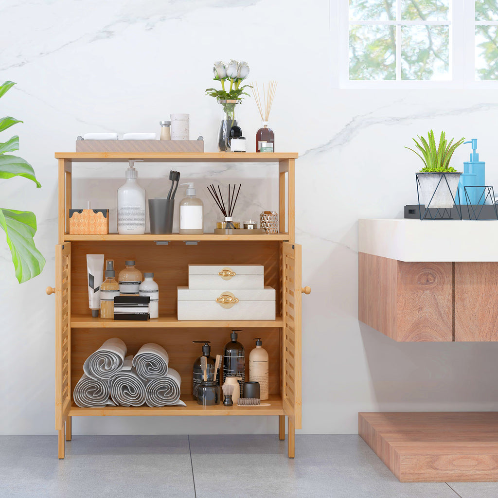 Bamboo Bathroom Floor Storage Cabinet with Shutter Doors - Natural