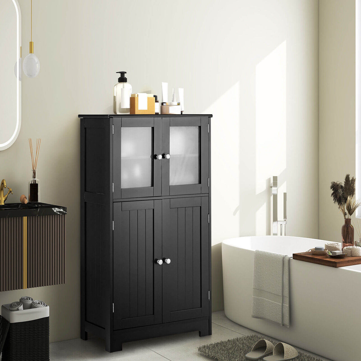 Bathroom Floor Storage Cabinet with Glass Doors and Adjustable Shelf