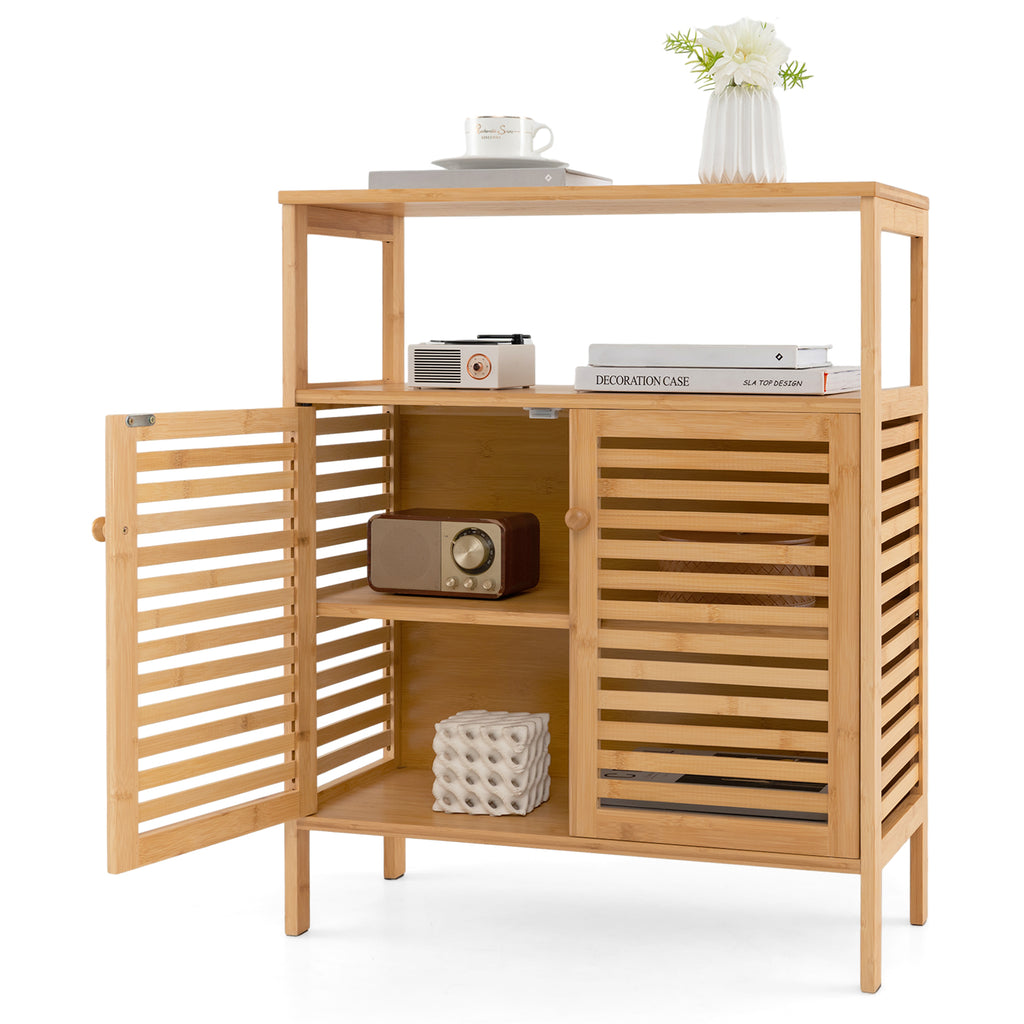 Bamboo Bathroom Floor Storage Cabinet with Shutter Doors - Natural