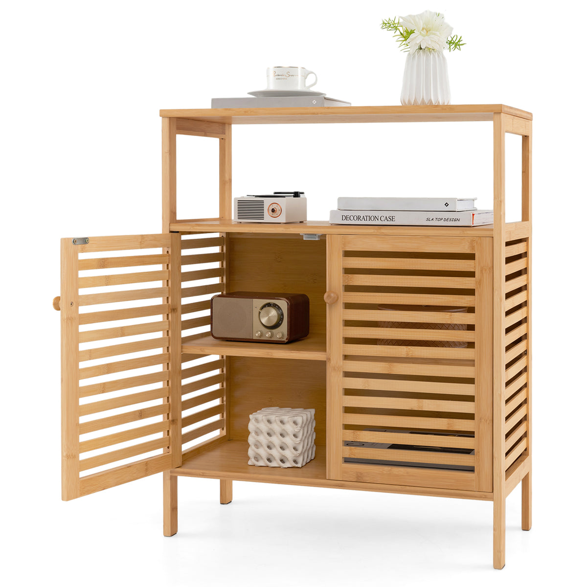 Bamboo Bathroom Floor Storage Cabinet with Shutter Doors - Natural