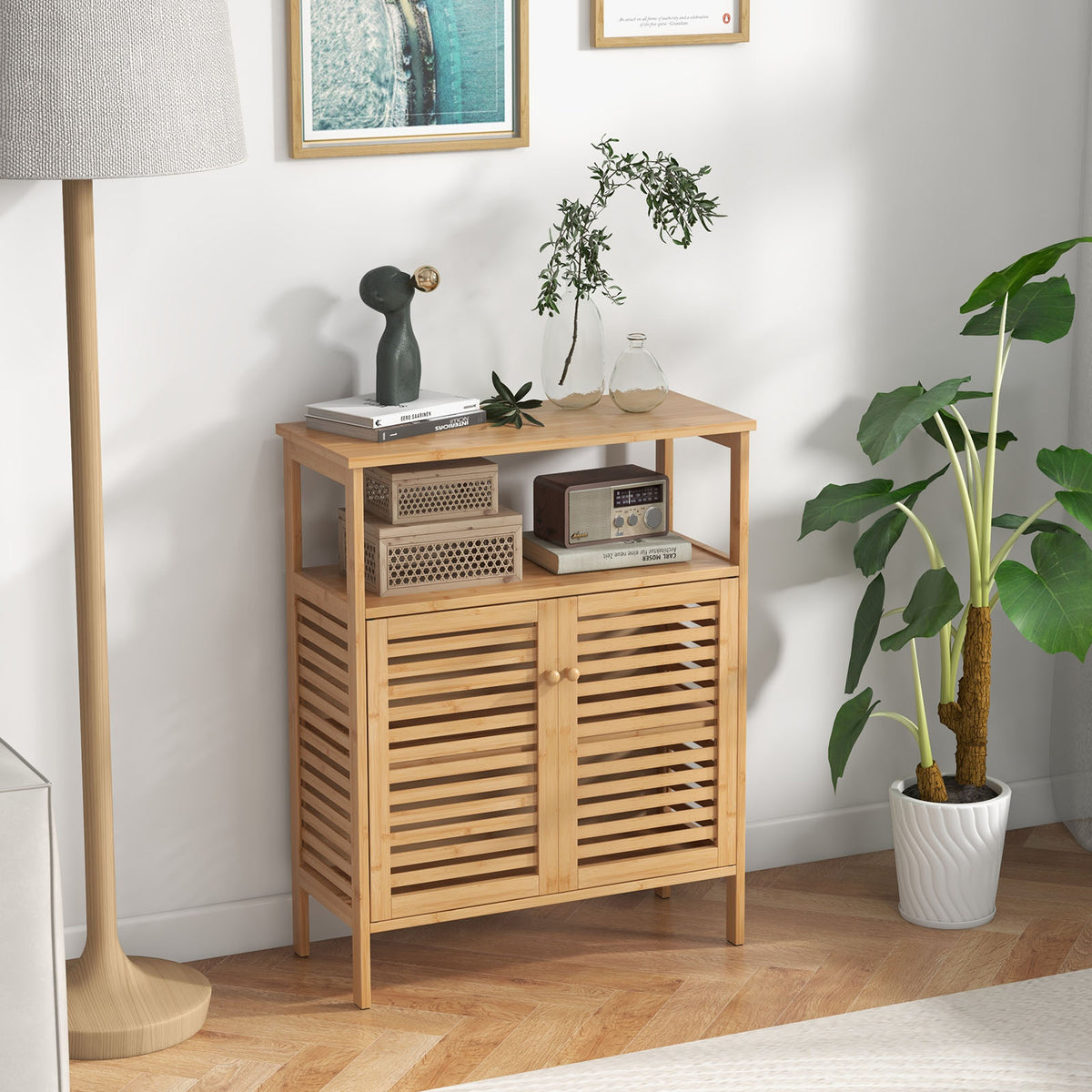 Bamboo Bathroom Floor Storage Cabinet with Shutter Doors - Natural