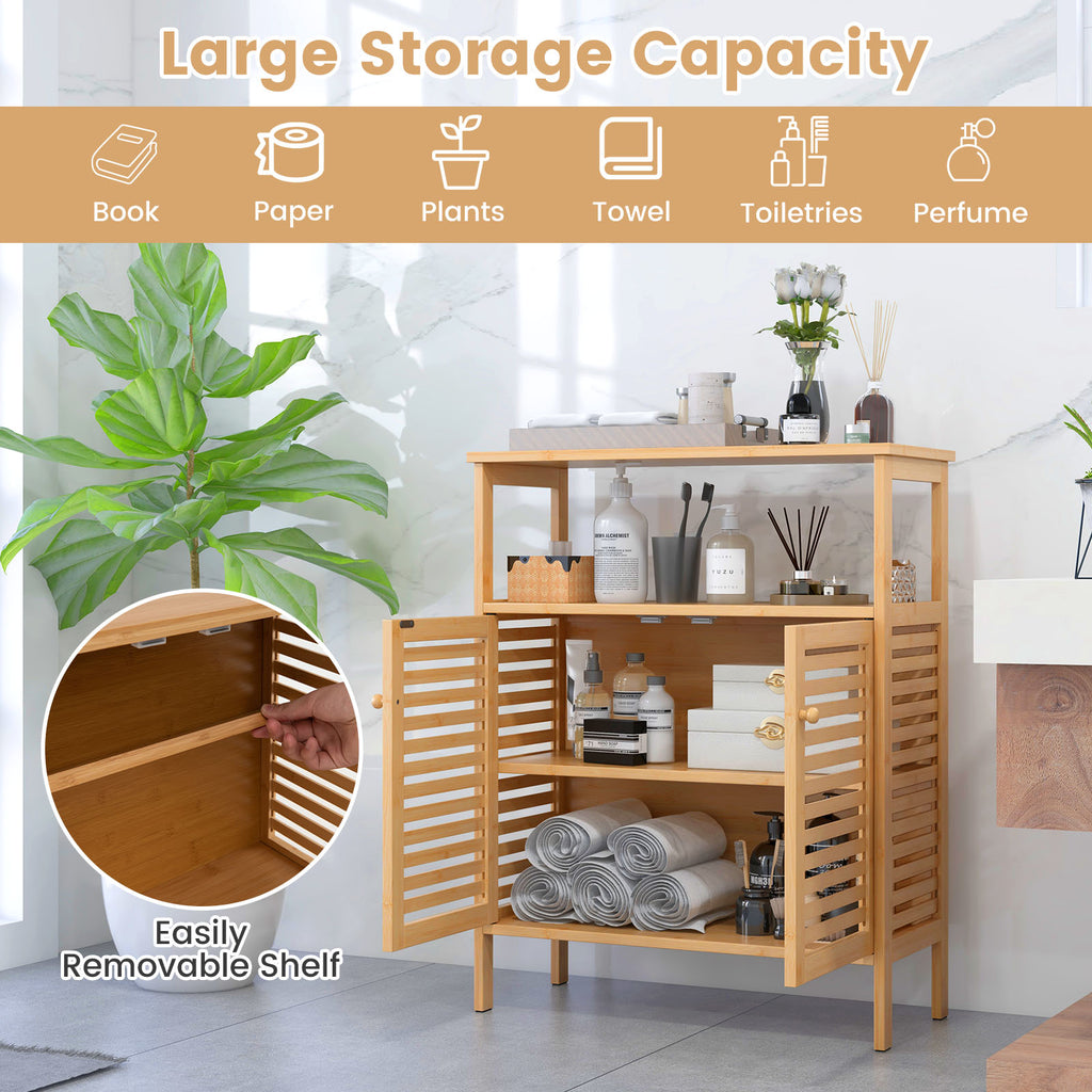 Bamboo Bathroom Floor Storage Cabinet with Shutter Doors - Natural