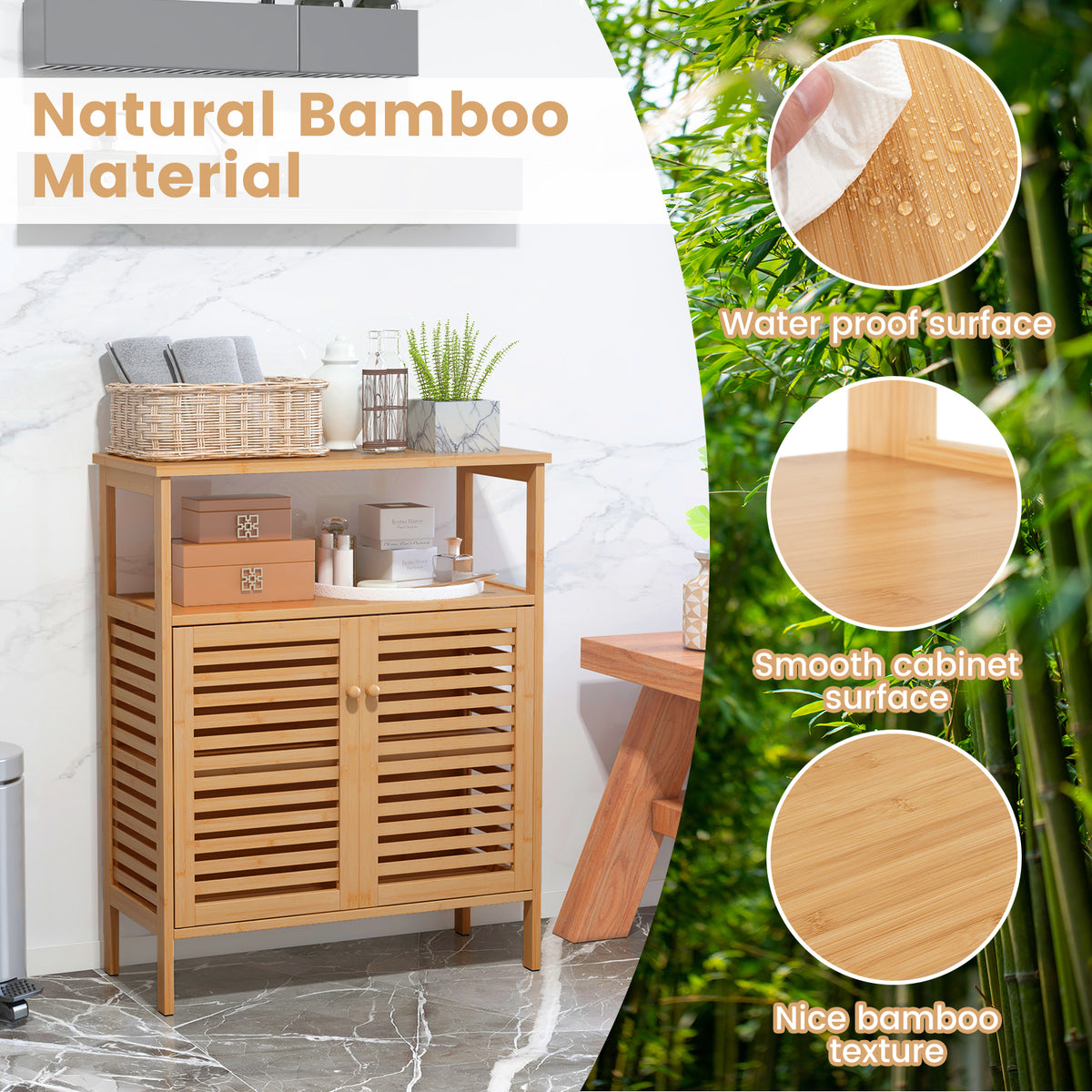 Bamboo Bathroom Floor Storage Cabinet with Shutter Doors - Natural