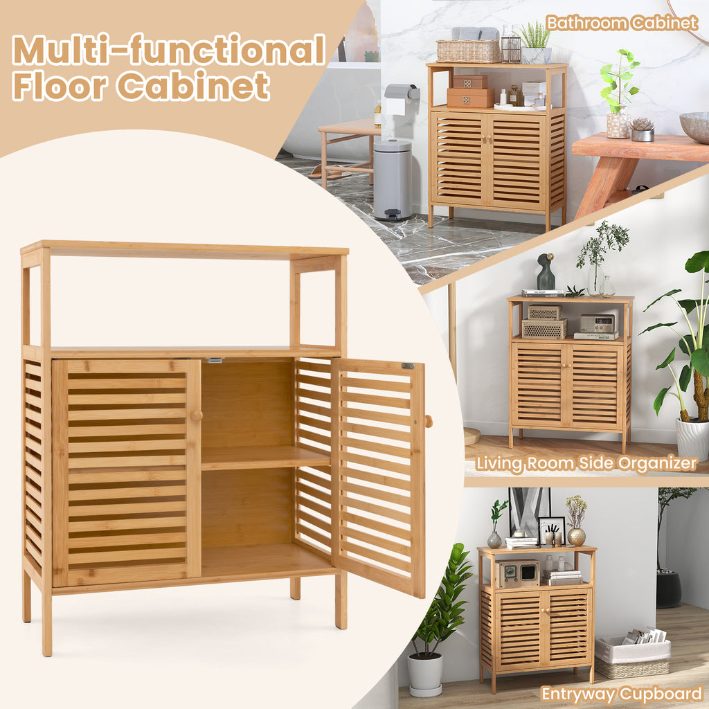 Bamboo Bathroom Floor Storage Cabinet with Shutter Doors - Natural