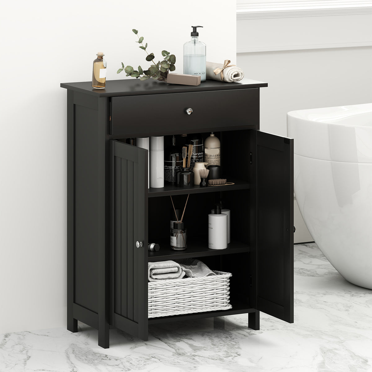 Bathroom Floor Cabinet with Drawer & 2 Doors Storage - Black