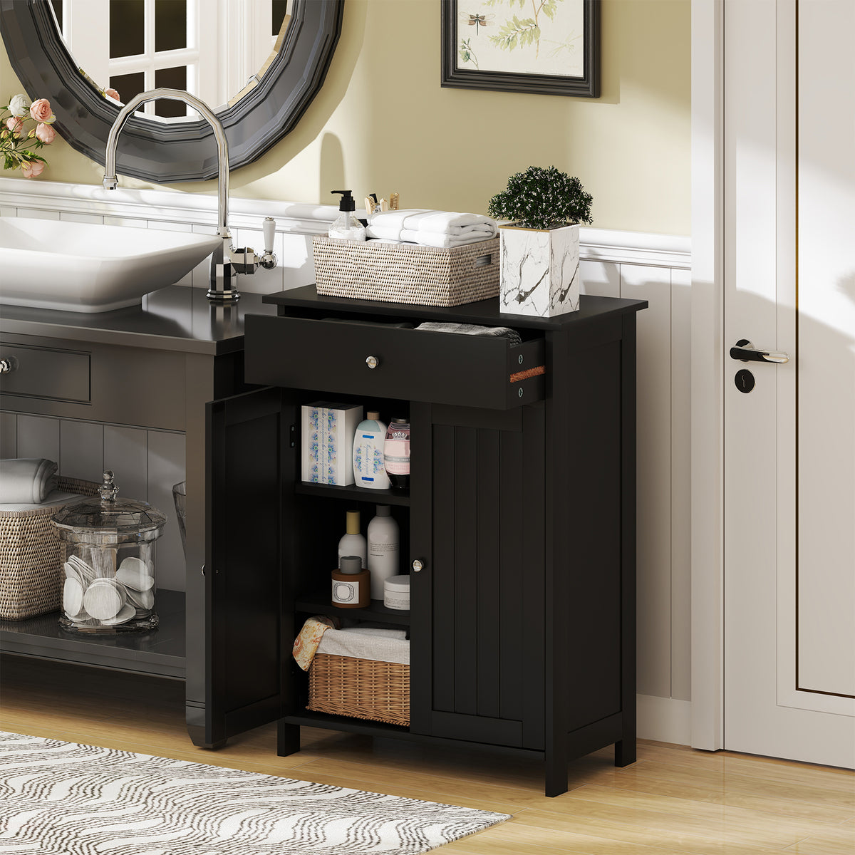 Bathroom Floor Cabinet with Drawer & 2 Doors Storage - Black