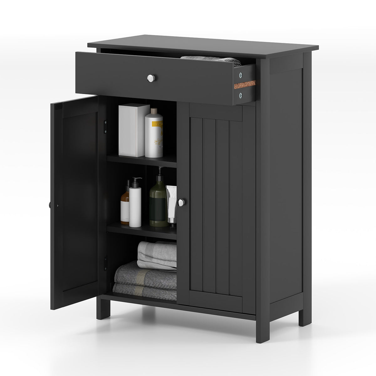 Bathroom Floor Cabinet with Drawer & 2 Doors Storage - Black