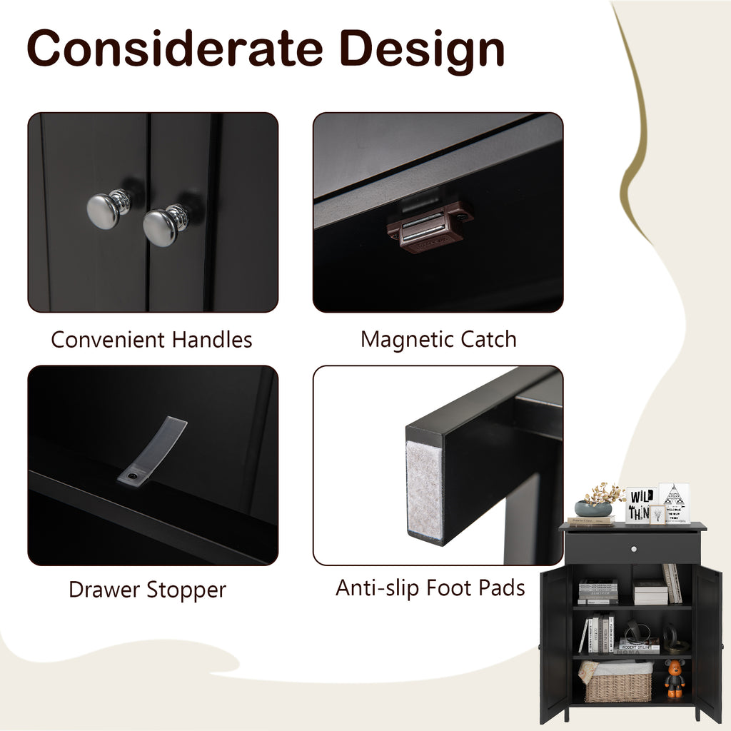Bathroom Floor Cabinet with Drawer & 2 Doors Storage - Black