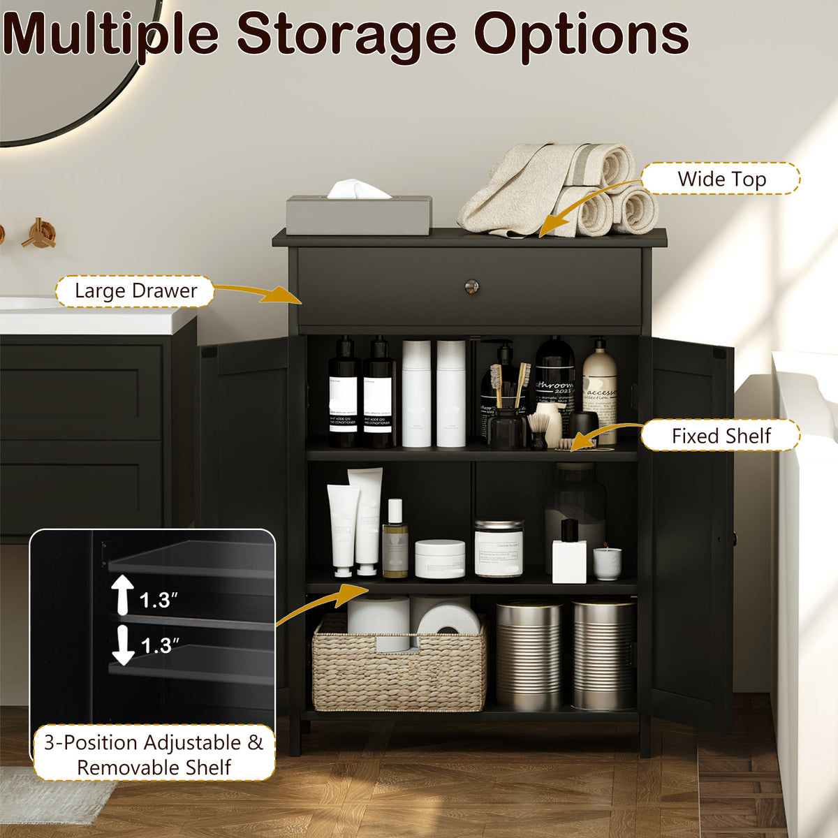 Bathroom Floor Cabinet with Drawer & 2 Doors Storage - Black