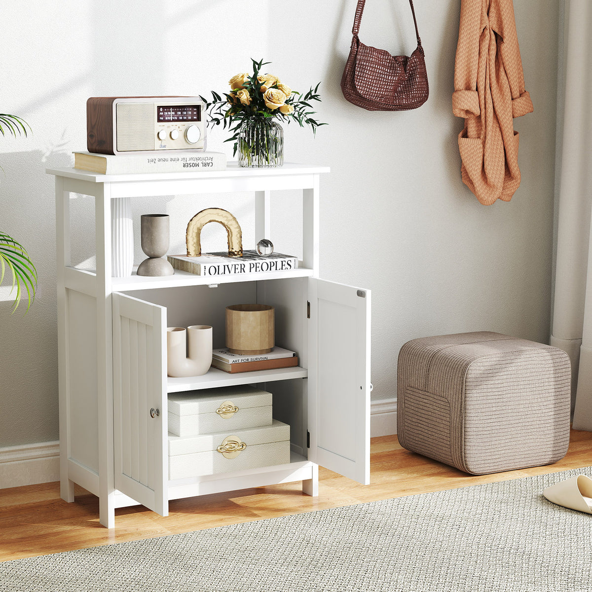 Bathroom Floor Cabinet with Open Rack, White - Freestanding Storage