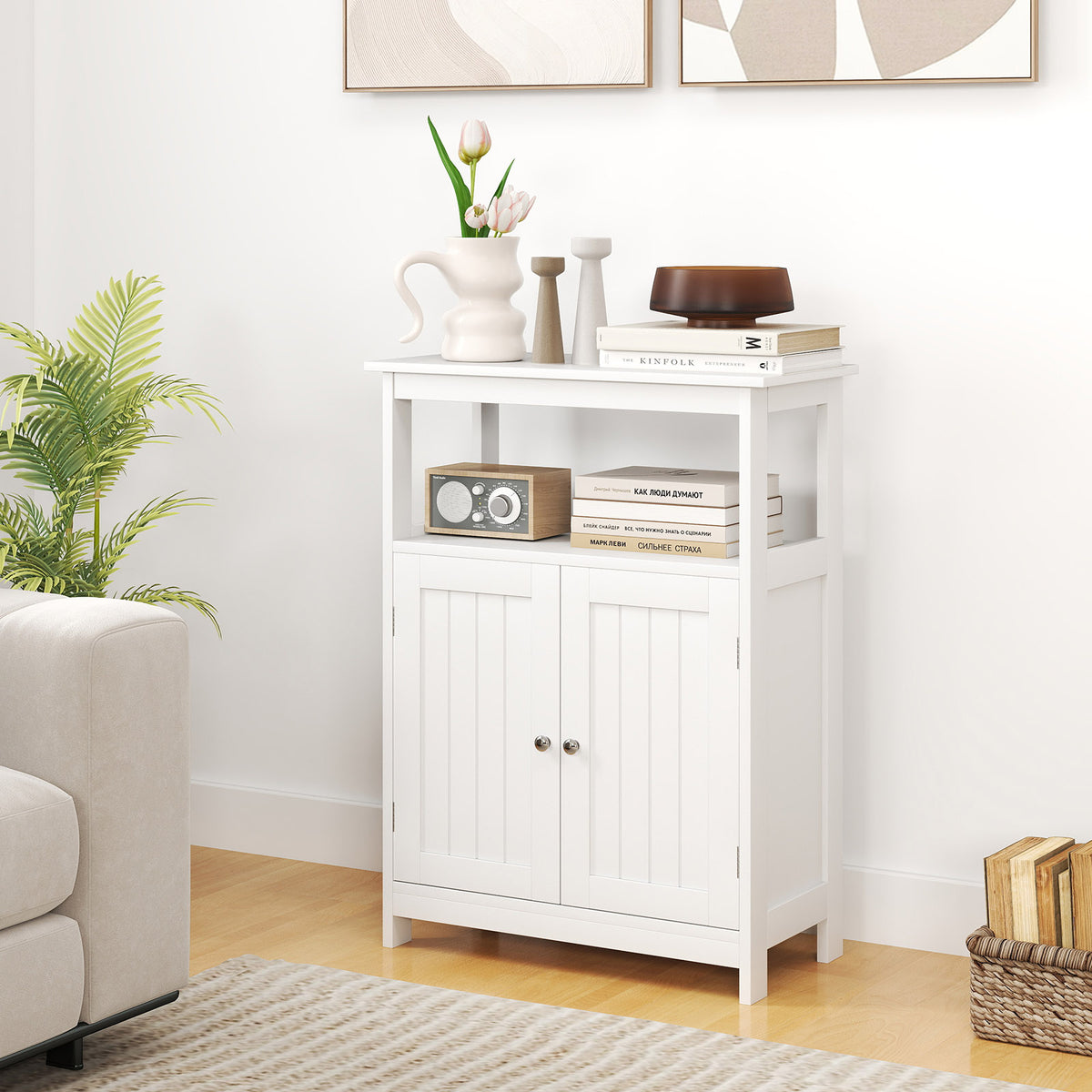 Bathroom Floor Cabinet with Open Rack, White - Freestanding Storage