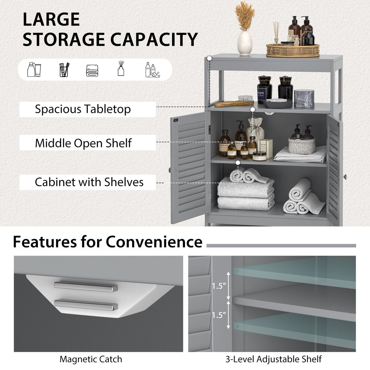 Freestanding Bathroom Floor Cabinet with Double Shutter Doors