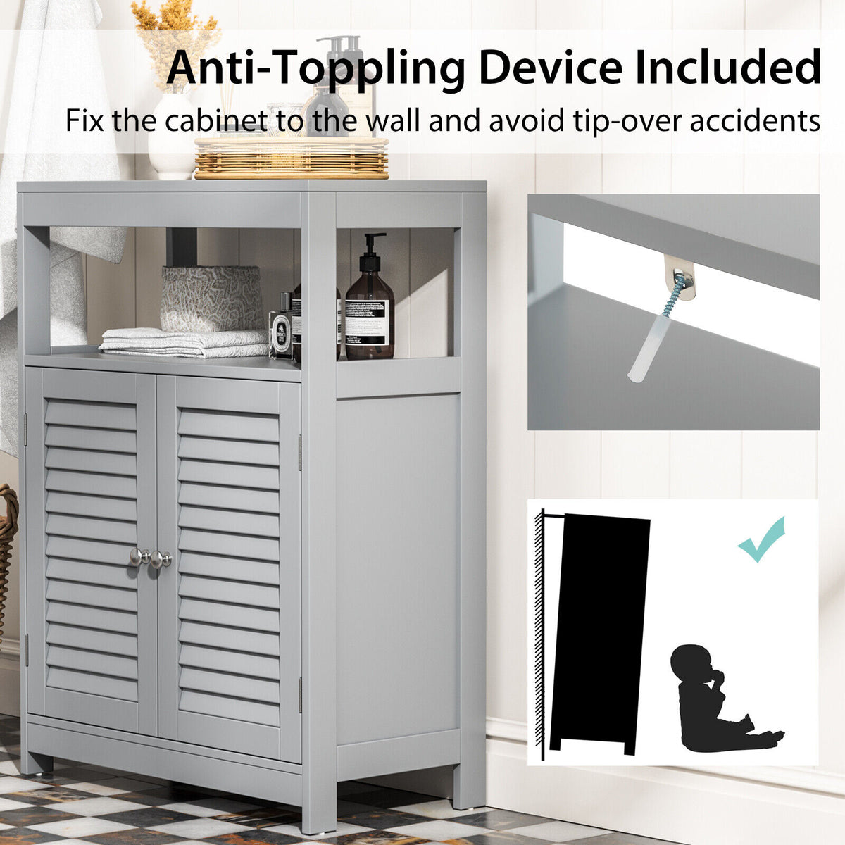 Freestanding Bathroom Floor Cabinet with Double Shutter Doors