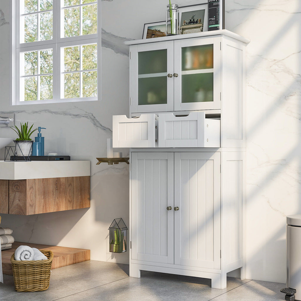 Bathroom Storage Cabinet 50.5 Inch - 2 Glass Doors & 2 Drawers, White