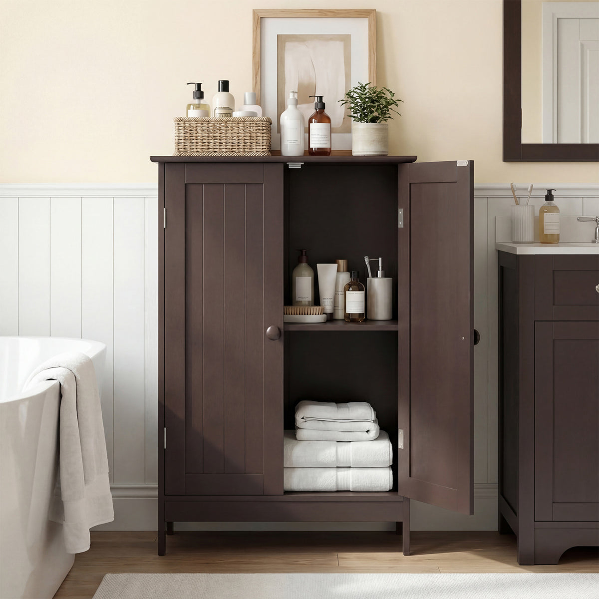 2-Door Freestanding Wooden Bathroom Cabinet with Adjustable Shelf