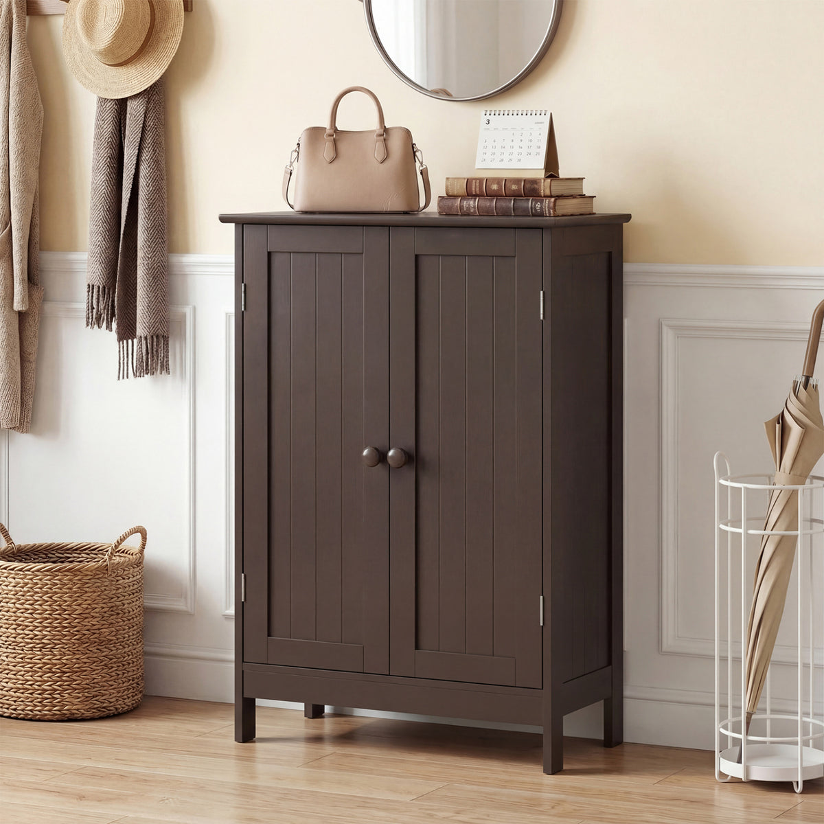 2-Door Freestanding Wooden Bathroom Cabinet with Adjustable Shelf