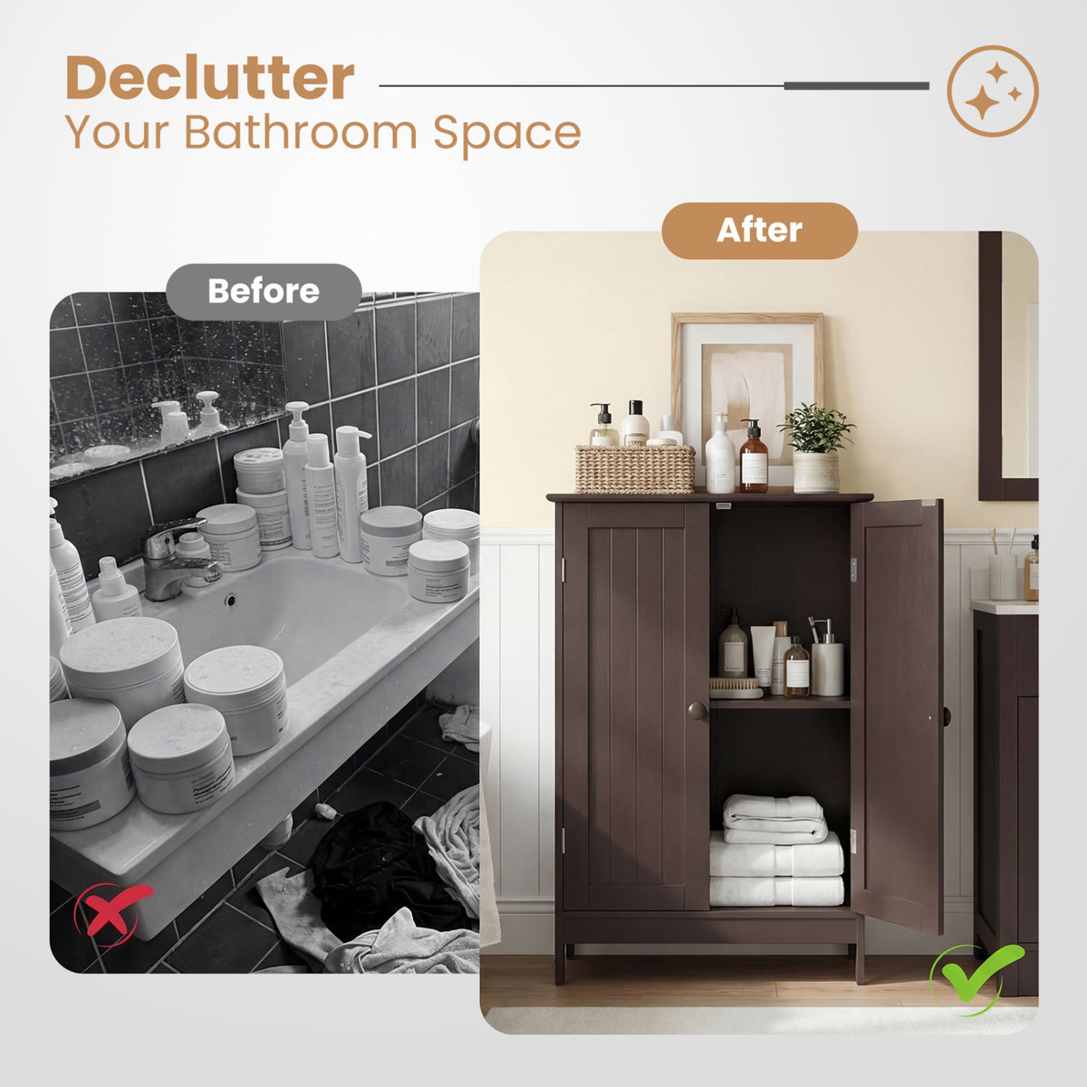 2-Door Freestanding Wooden Bathroom Cabinet with Adjustable Shelf