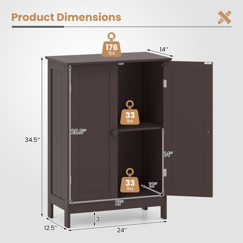 2-Door Freestanding Wooden Bathroom Cabinet with Adjustable Shelf