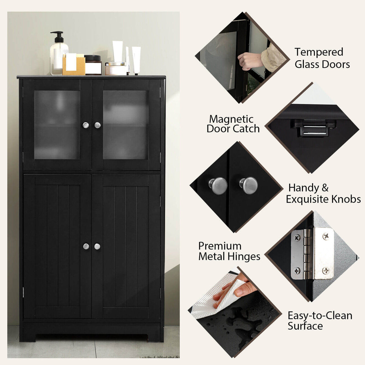 Bathroom Floor Storage Cabinet with Glass Doors and Adjustable Shelf
