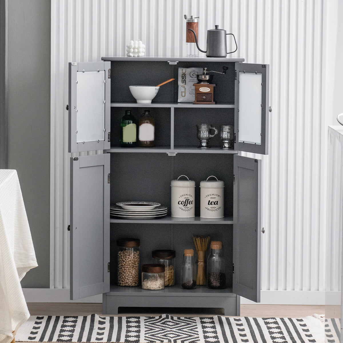 Bathroom Floor Storage Cabinet with Glass Doors, 43-Inch - Gray